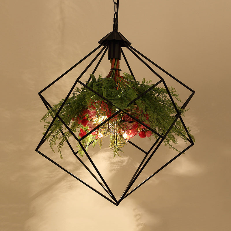 Industrial Geometric Plant Hanging Light 1 Bulb Metal LED Ceiling Suspension Lamp in Black, 16"/19.5"/23.5" Wide