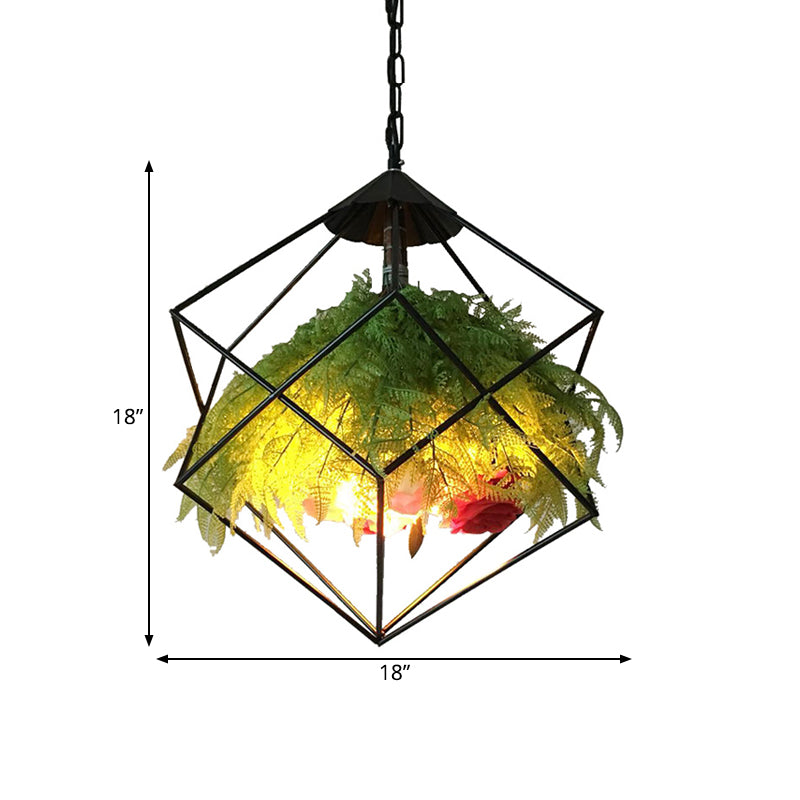 18"/21.5" Wide 1 Head Metal Pendant Lamp Antique Black Geometric Restaurant LED Down Lighting with Plant Decoration