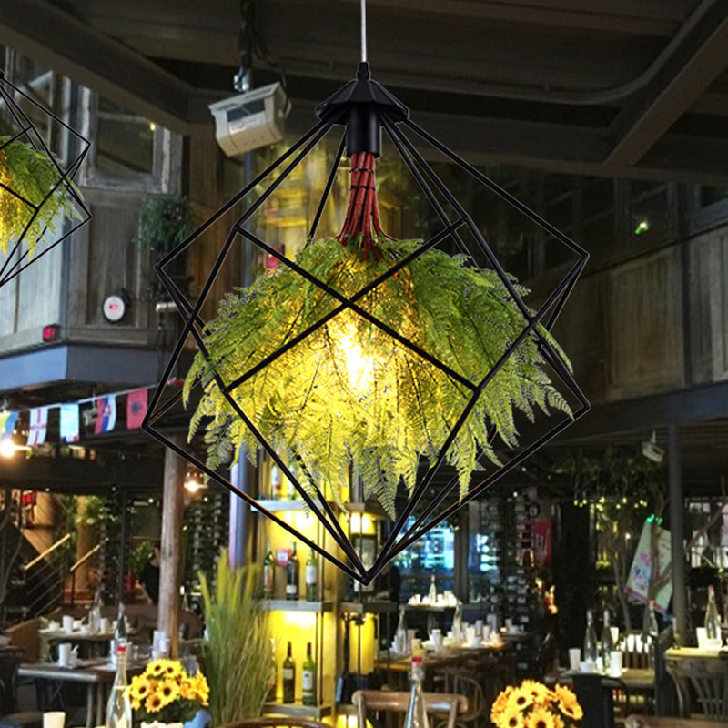 1 Bulb Metal Pendant Light Fixture Industrial Black Geometric Restaurant LED Plant Hanging Lamp Kit, 18"/21.5" Wide