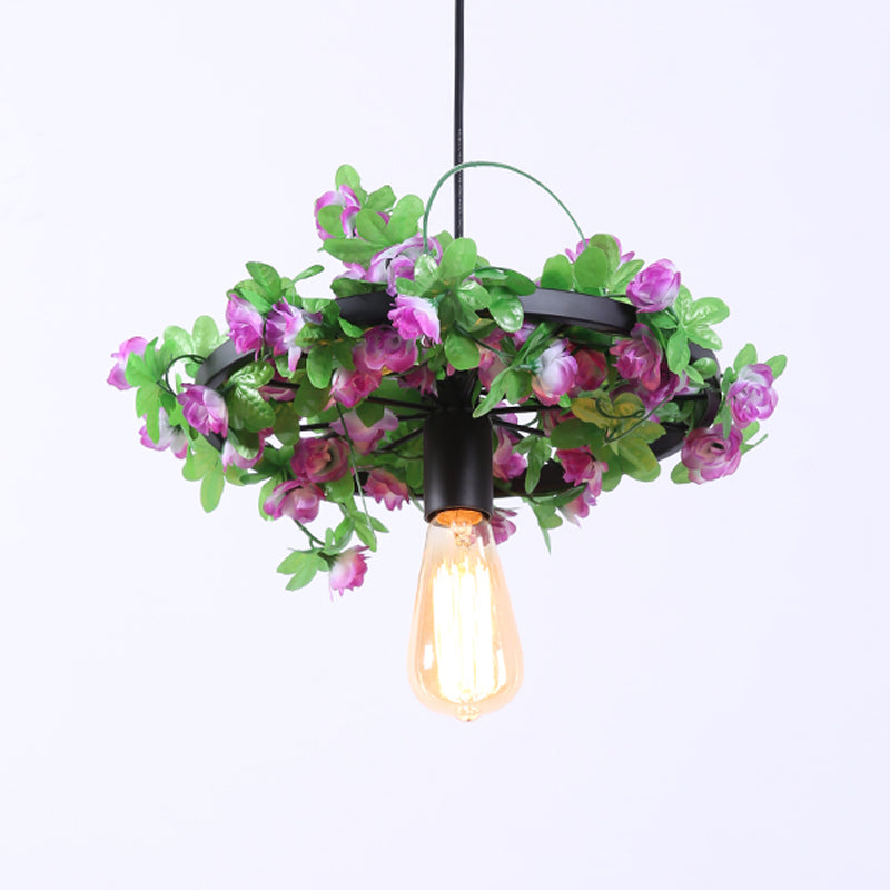 1-Head Bare Bulb Pendant Light Fixture Vintage Black Metal LED Flower Hanging Lamp for Restaurant