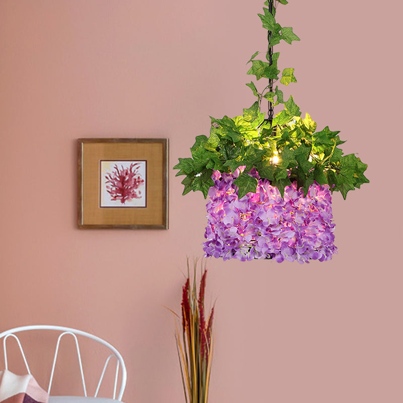 Purple 1 Light Ceiling Pendant Retro Metal House LED Drop Lamp with Flower Decoration