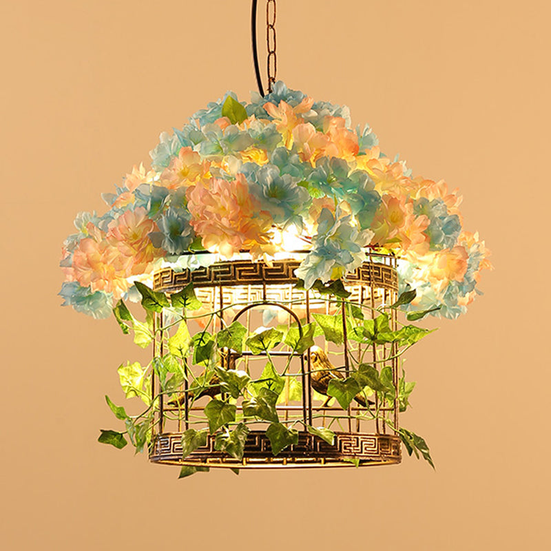 Industrial Bird Cage Hanging Pendant 1 Bulb Metal LED Suspension Light in Brass with Flower Decoration