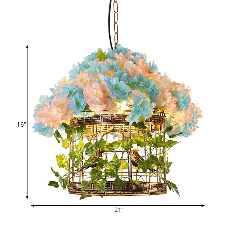 Industrieller Vogelkäfighängeanhänger 1 Glühbirnen -Metall -LED -Suspension Licht in Messing mit Blumendekoration