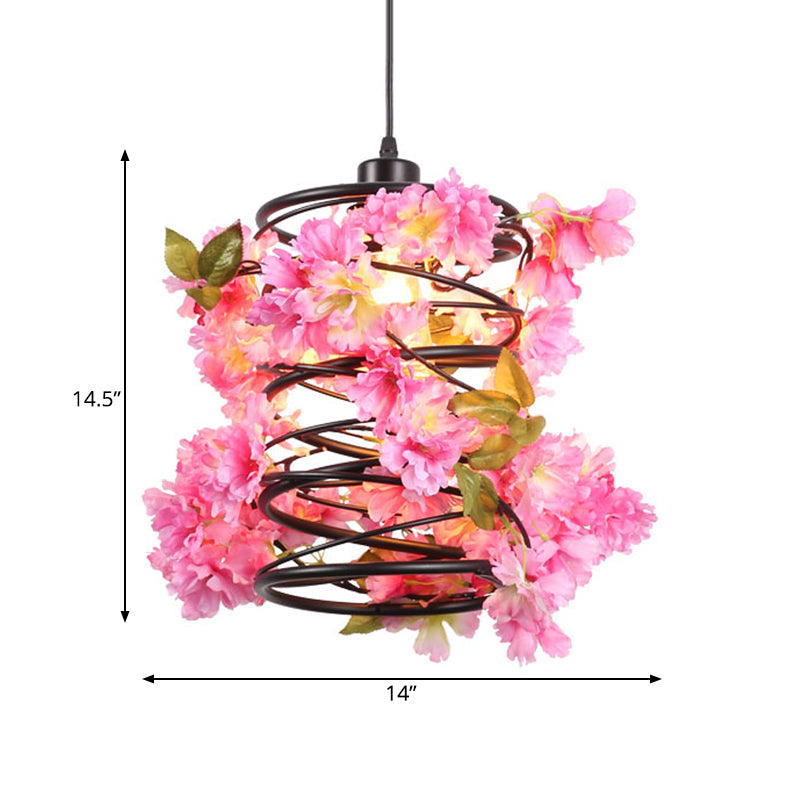 Antique Spiral Pendant Ceiling Light 1 Bulb Metal LED Flower Suspension Lamp in Black