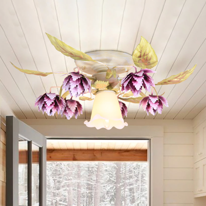 1/4 Bulbs Flared Ceiling Light Pastoral White Metal Flower Semi Flush Mount Lighting for Dining Room