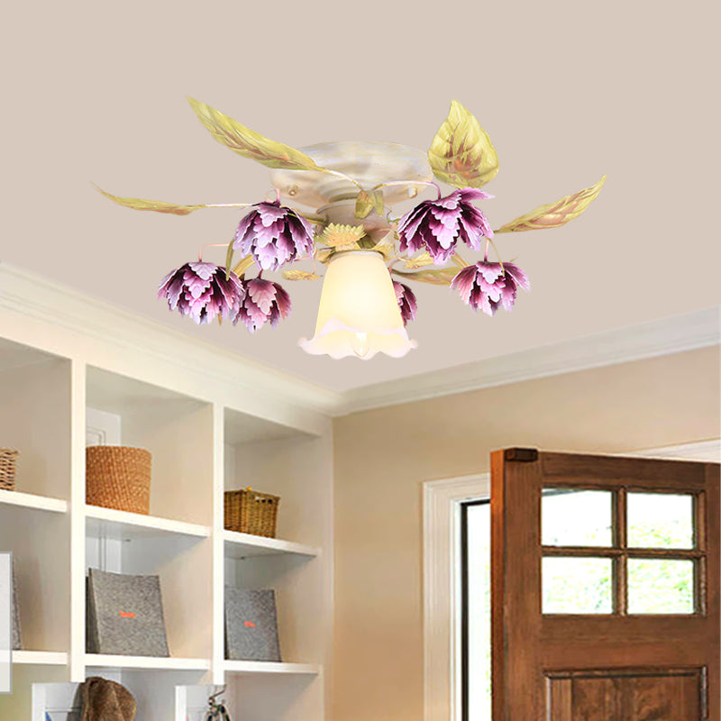 1/4 Bulbs Flared Ceiling Light Pastoral White Metal Flower Semi Flush Mount Lighting for Dining Room