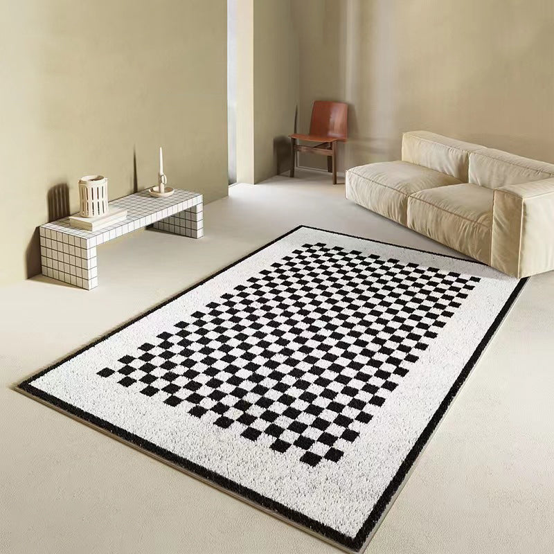 Black Check Pattern Rug Polyester Simple Rug Non-Slip Back Rug for Living Room