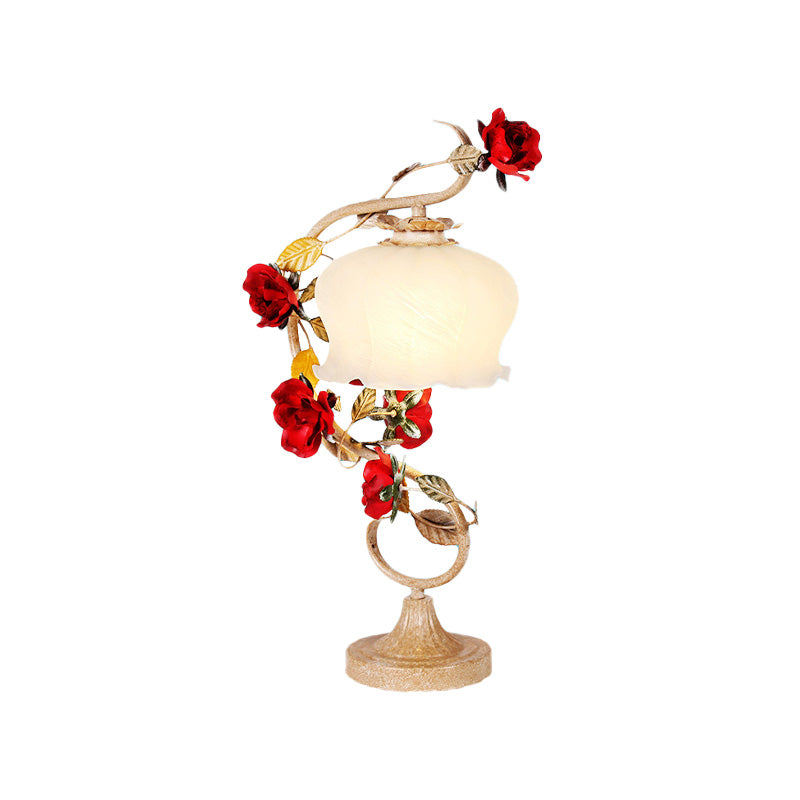 Coffee 1 Head Night Light Romantic Pastoral Metal Scalloped Table Lamp with Rose Decor for Bedroom