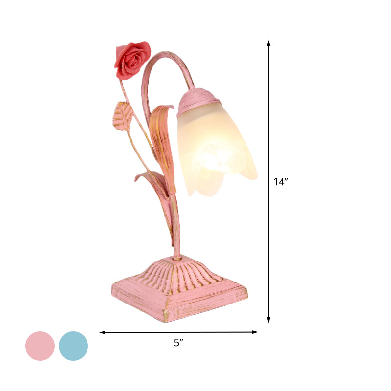 Pastoral Floral Nightstand Light 1-Bulb Metal Night Table Lighting in Blue/Pink for Study Room