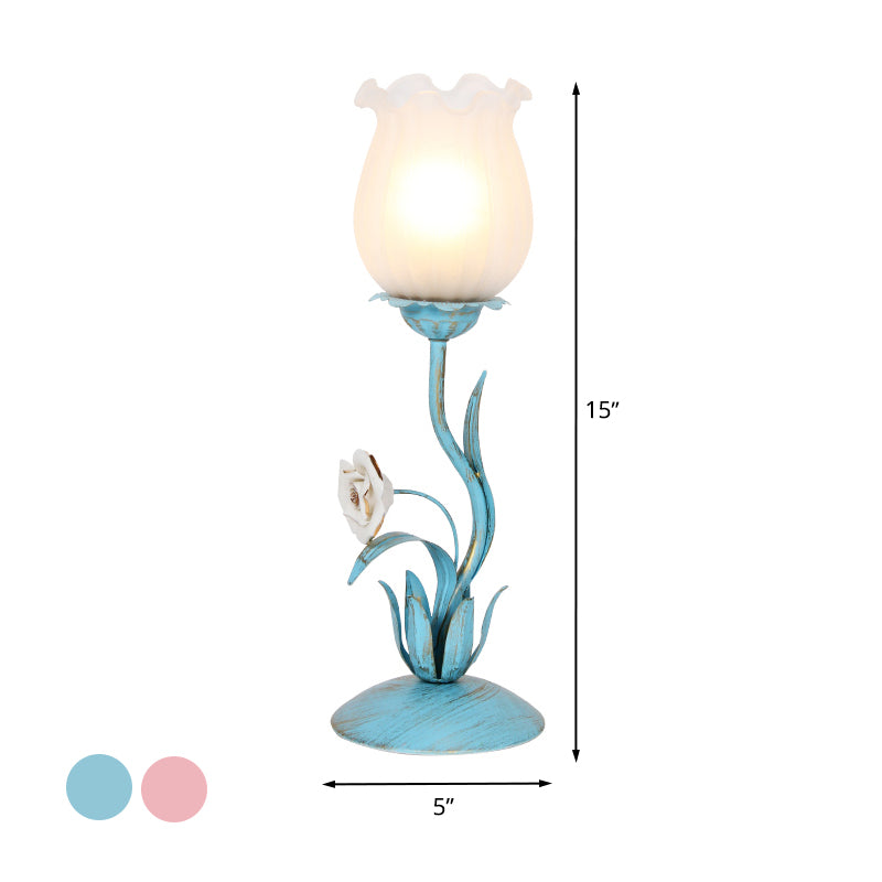 1 Bulb Blossom Table Lighting Romantic Pastoral Blue/Pink Metal Nightstand Lamp for Living Room