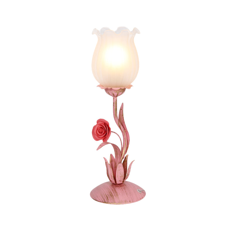 1 Bulb Blossom Table Lighting Romantic Pastoral Blue/Pink Metal Nightstand Lamp for Living Room