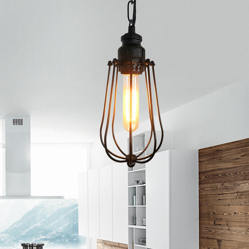 1 Light Bedroom Ceiling Fixture Vintage Black/Rust Pendant Lamp with Caged Metal Shade