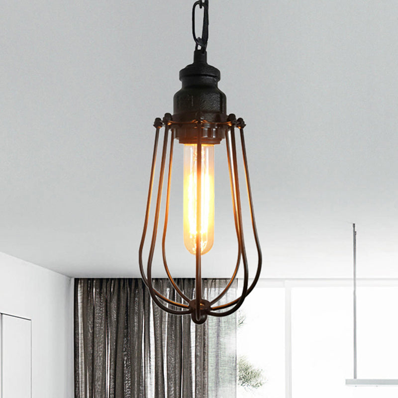 1 Light Bedroom Ceiling Fixture Vintage Black/Rust Pendant Lamp with Caged Metal Shade