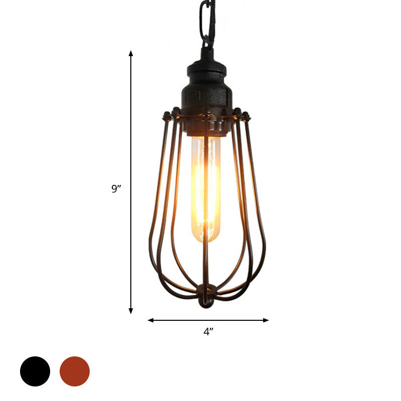 1 Light Bedroom Ceiling Fixture Vintage Black/Rust Pendant Lamp with Caged Metal Shade