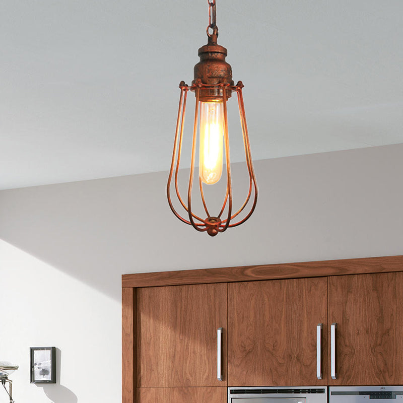 1 Light Bedroom Ceiling Fixture Vintage Black/Rust Pendant Lamp with Caged Metal Shade