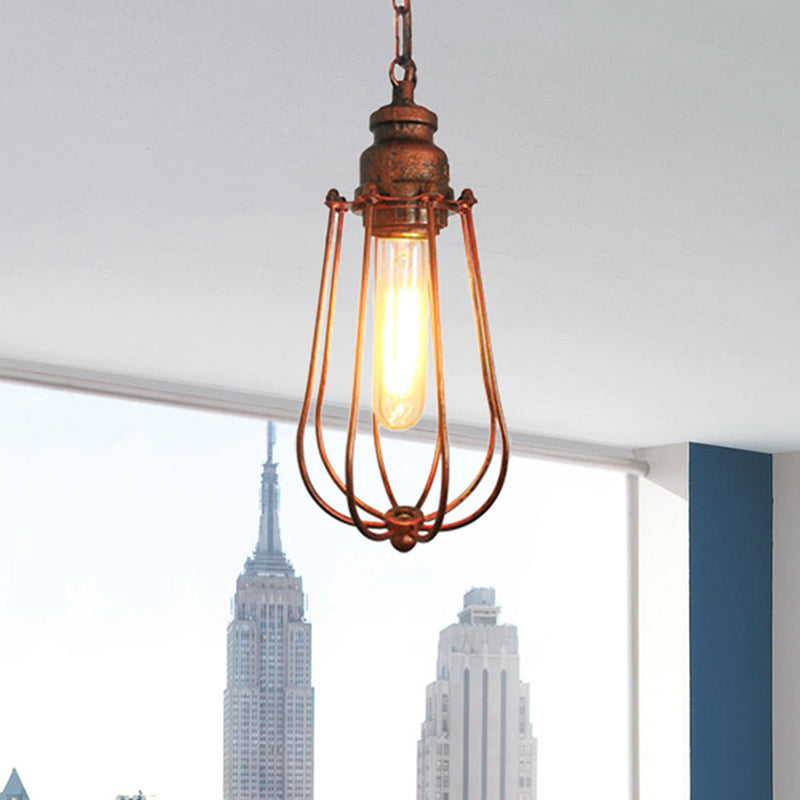 1 Light Bedroom Ceiling Fixture Vintage Black/Rust Pendant Lamp with Caged Metal Shade