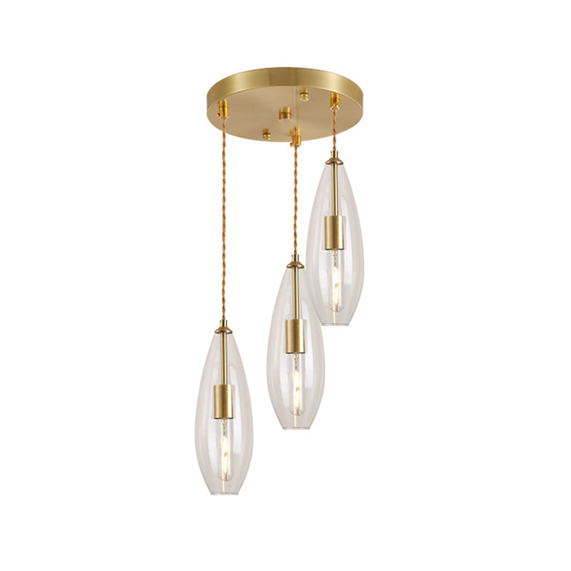 Messing waterdrop multi -light hanger modernistische 3 bollen helder glazen suspensielamp met ronde luifel