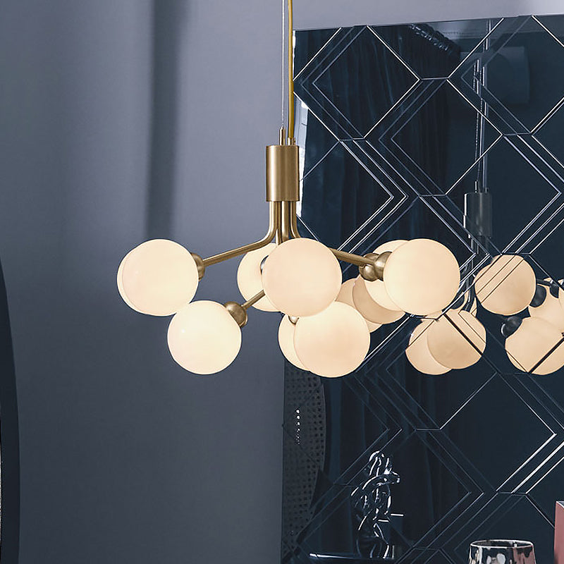 Contemporary 9 Bulbs Chandelier Lighting with Cream Glass Shade Brass Molecular Hanging Lamp Fixture