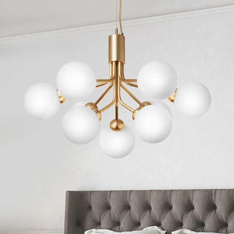 Contemporary 9 Bulbs Chandelier Lighting with Cream Glass Shade Brass Molecular Hanging Lamp Fixture