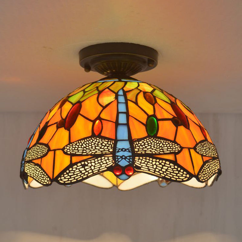 1 Light Bowl Ceiling Lamp Tiffany Style Glass Ceiling Lighting for Living Room