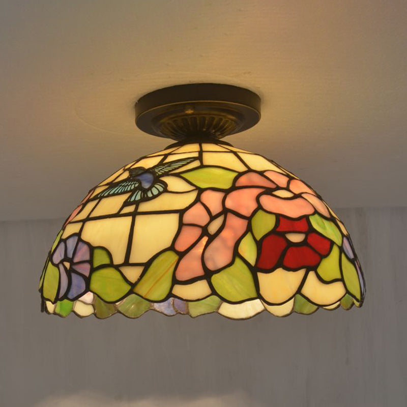 1 Light Bowl Ceiling Lamp Tiffany Style Glass Ceiling Lighting for Living Room