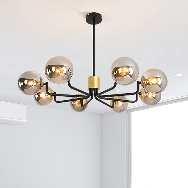 Grey Glass Spherical Suspension Light Post Modern 8-Head Brass and Black Chandelier with Radial Design