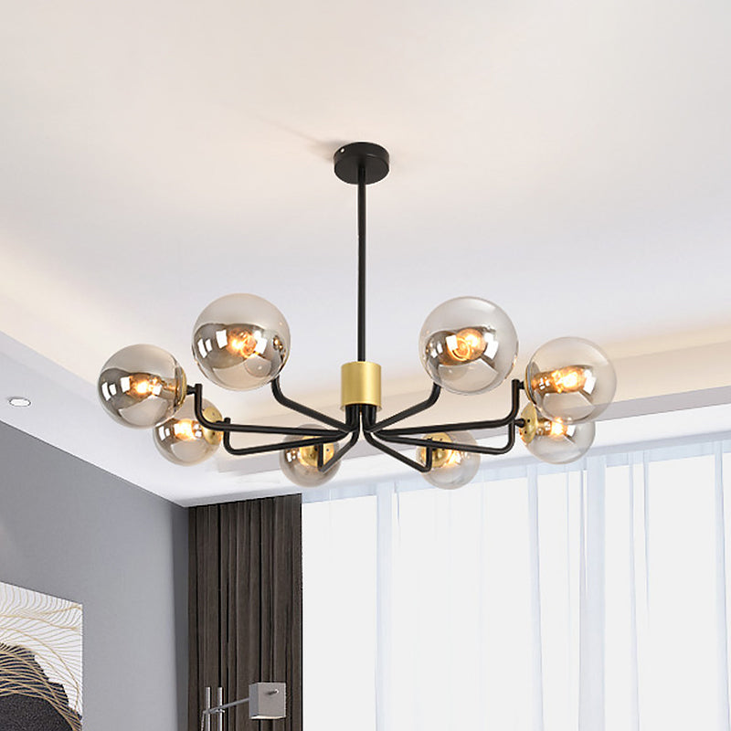 Grey Glass Spherical Suspension Light Post Modern 8-Head Brass and Black Chandelier with Radial Design