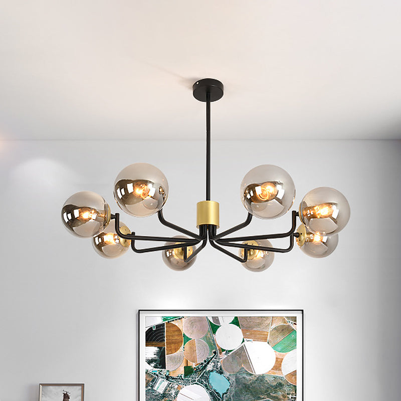 Grey Glass Spherical Suspension Light Post Modern 8-Head Brass and Black Chandelier with Radial Design