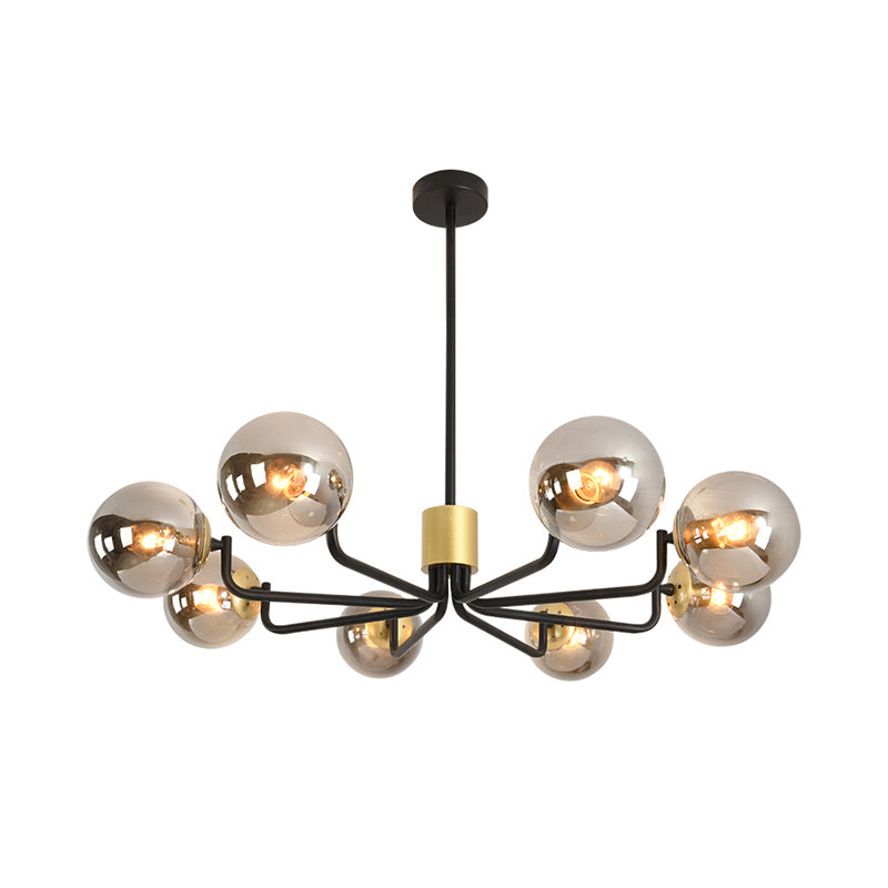 Grey Glass Spherical Suspension Light Post Modern 8-Head Brass and Black Chandelier with Radial Design