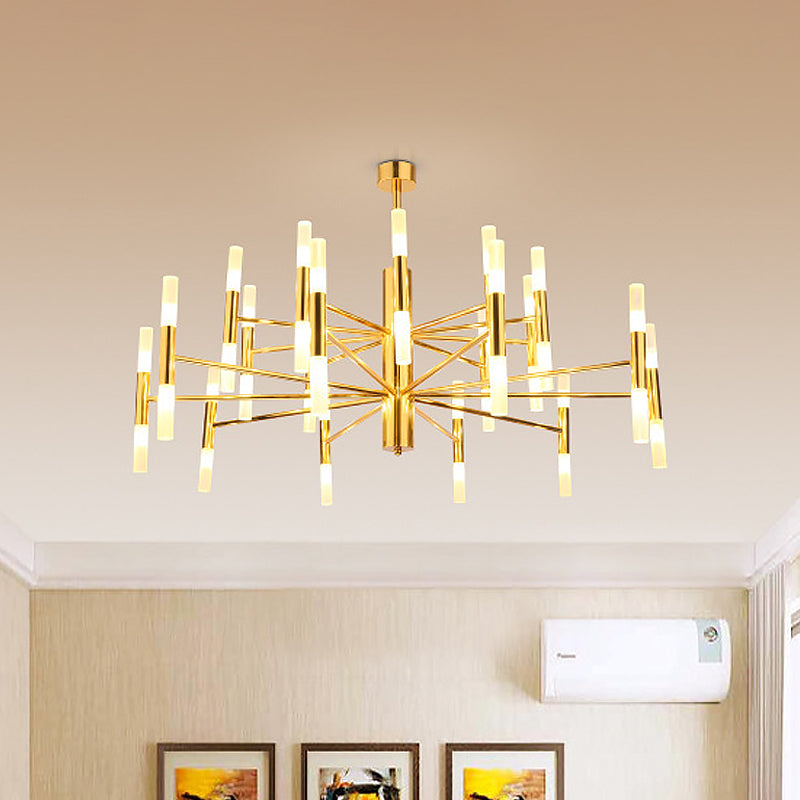 Metallic 2-Tier Slim Tube Pendant Minimalist 40-Head Ceiling Chandelier in Brass for Living Room