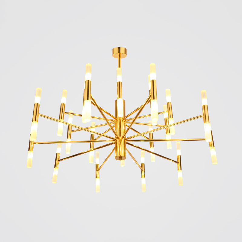 Metallic 2-Tier Slim Tube Pendant Minimalist 40-Head Ceiling Chandelier in Brass for Living Room