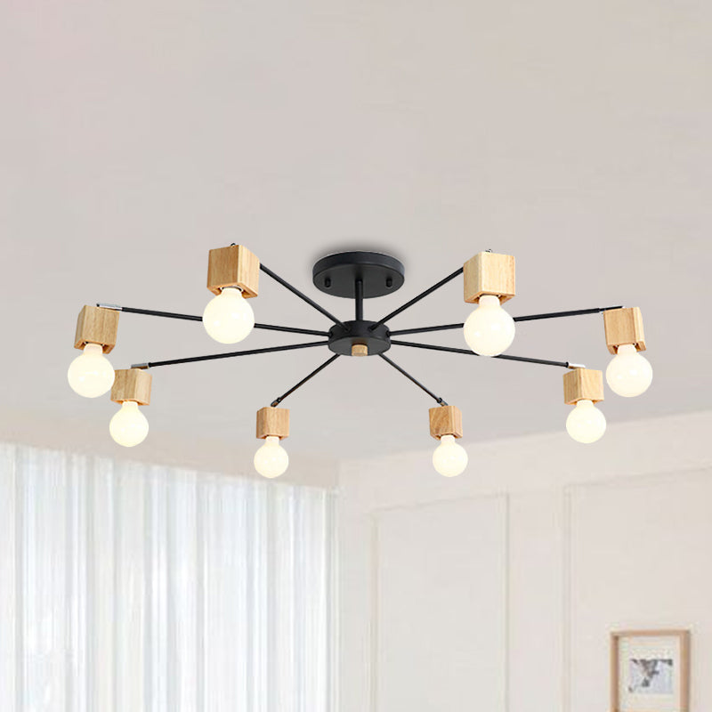 Metal Radial Flush Lamp Contemporary 8-Light Semi Flush Ceiling Light in Black with Cube Wood Cap