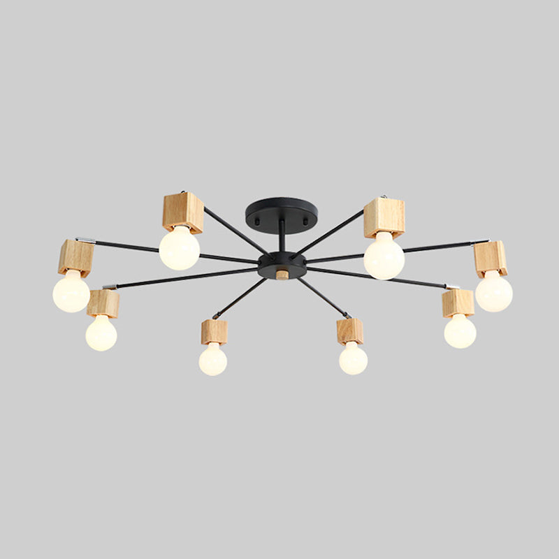 Metal Radial Flush Lamp Contemporary 8-Light Semi Flush Ceiling Light in Black with Cube Wood Cap