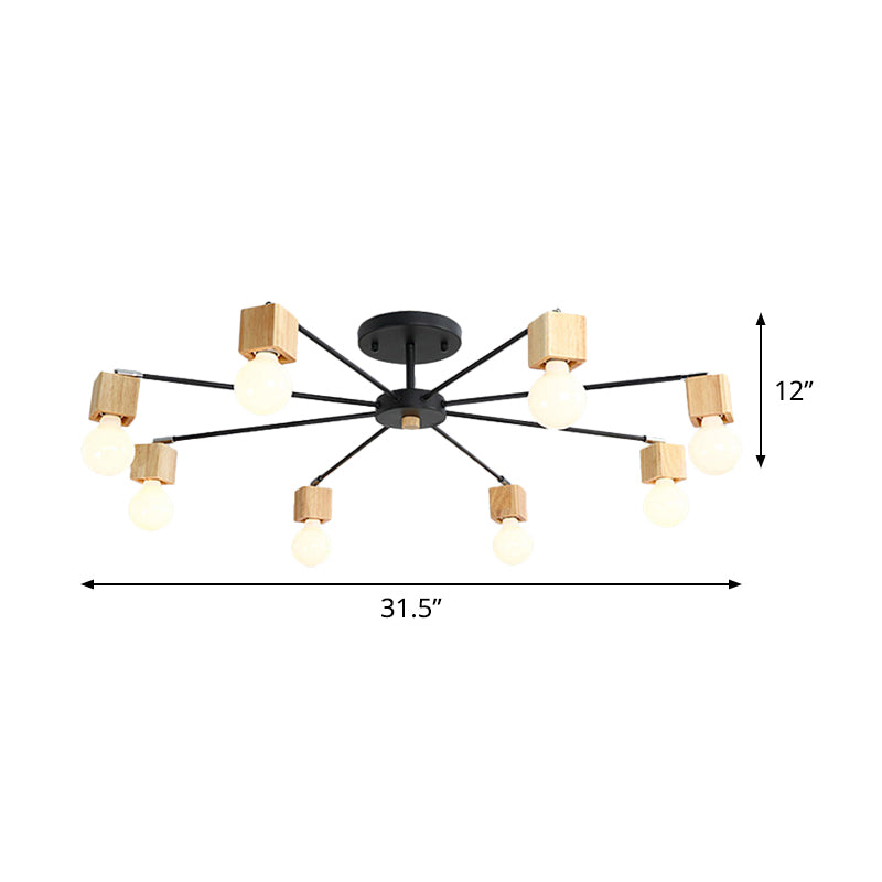 Metal Radial Flush Lamp Contemporary 8-Light Semi Flush Ceiling Light in Black with Cube Wood Cap