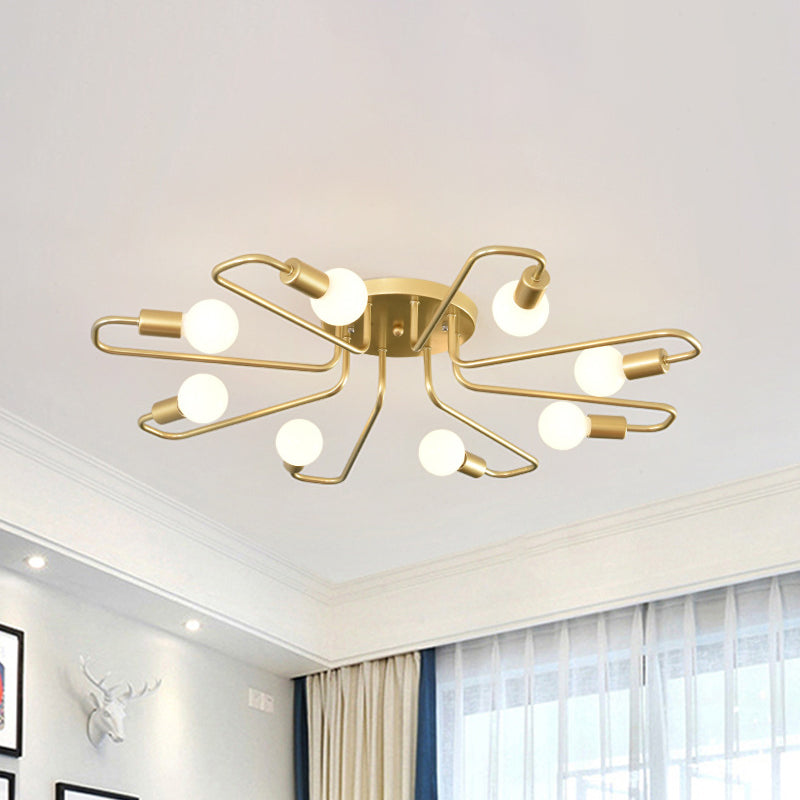 Minimalist Twisted Arm Semi Flush Lighting Metal 8 Heads Living Room Close to Ceiling Lamp in Gold