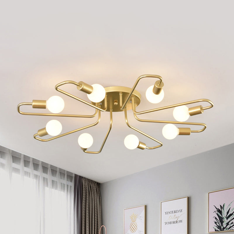 Minimalist Twisted Arm Semi Flush Lighting Metal 8 Heads Living Room Close to Ceiling Lamp in Gold