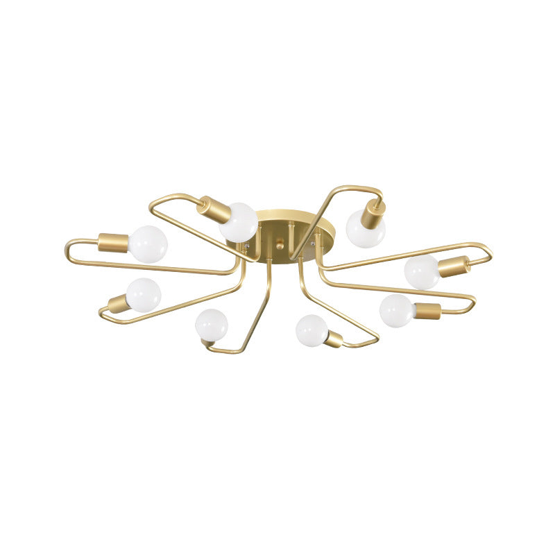 Minimalist Twisted Arm Semi Flush Lighting Metal 8 Heads Living Room Close to Ceiling Lamp in Gold