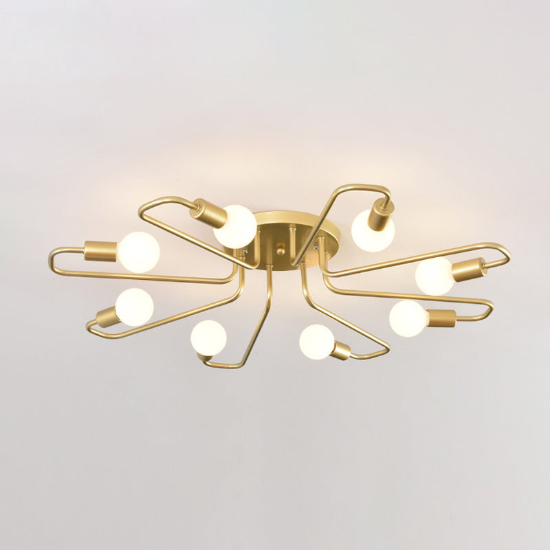 Minimalist Twisted Arm Semi Flush Lighting Metal 8 Heads Living Room Close to Ceiling Lamp in Gold