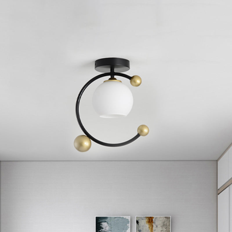 White Glass Sphere Semi Flush Mount Modernist 1 Light Black Semi Flush Mount Light Fixture with Iron Ring, 10"/12" Wide