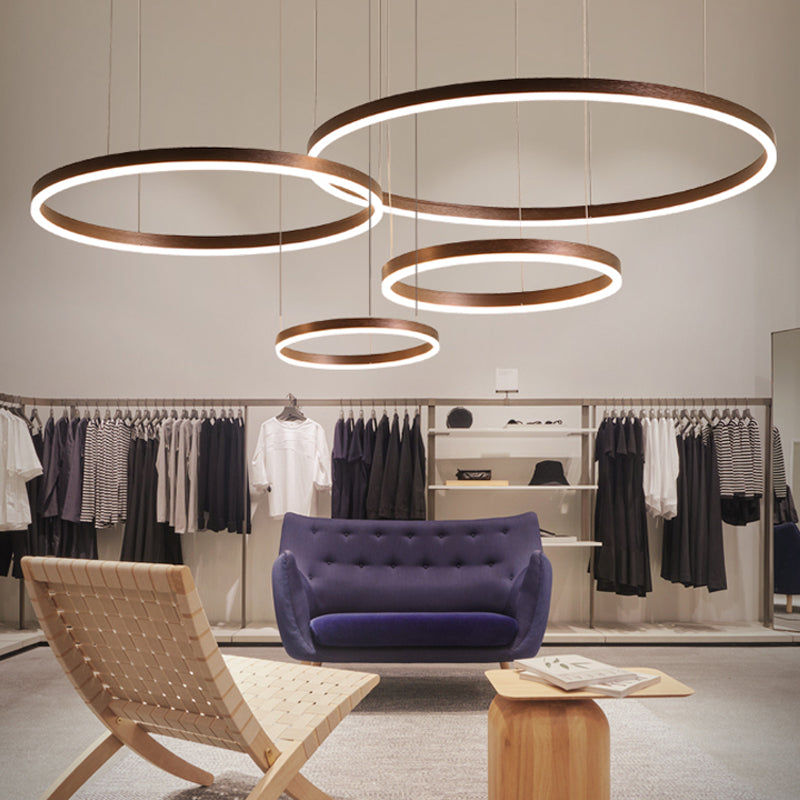 Coffee Circular Chandelier Lamp Modernist 1/3/4 Lights Metal Led Hanging Ceiling Light Fixture in White/Warm Light