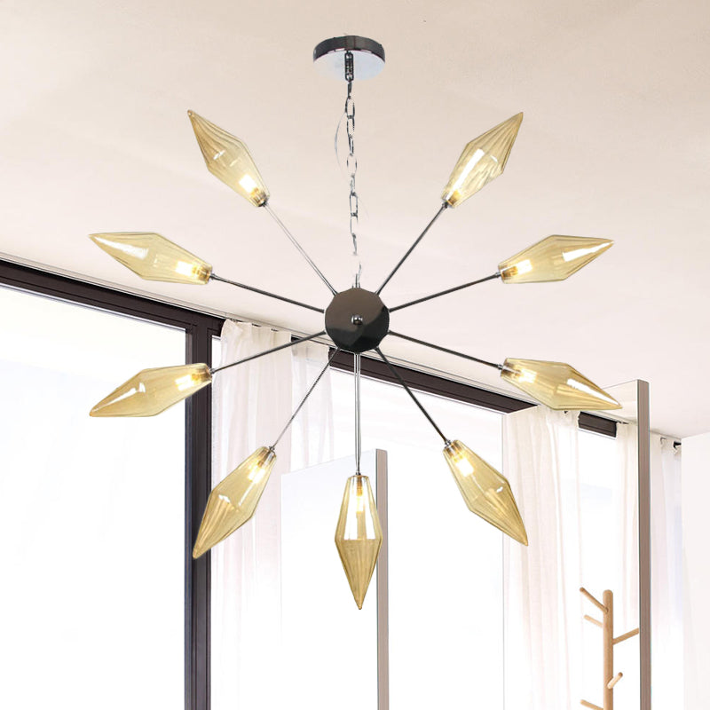 6/9/12 Lights Chandelier Lamp Industrial Sputnik Amber/Clear Glass Ceiling Light Fixture in Black/Copper/Chrome