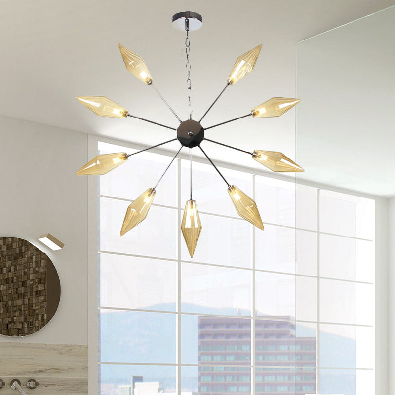 6/9/12 Lights Chandelier Lamp Industrial Sputnik Amber/Clear Glass Ceiling Light Fixture in Black/Copper/Chrome