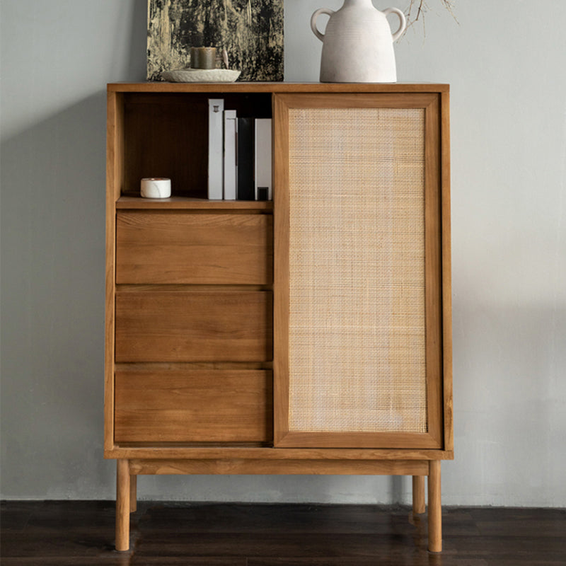 Modern Solid Wood Dining Server Brown 3 Drawers 1 Rattan Door Sideboard