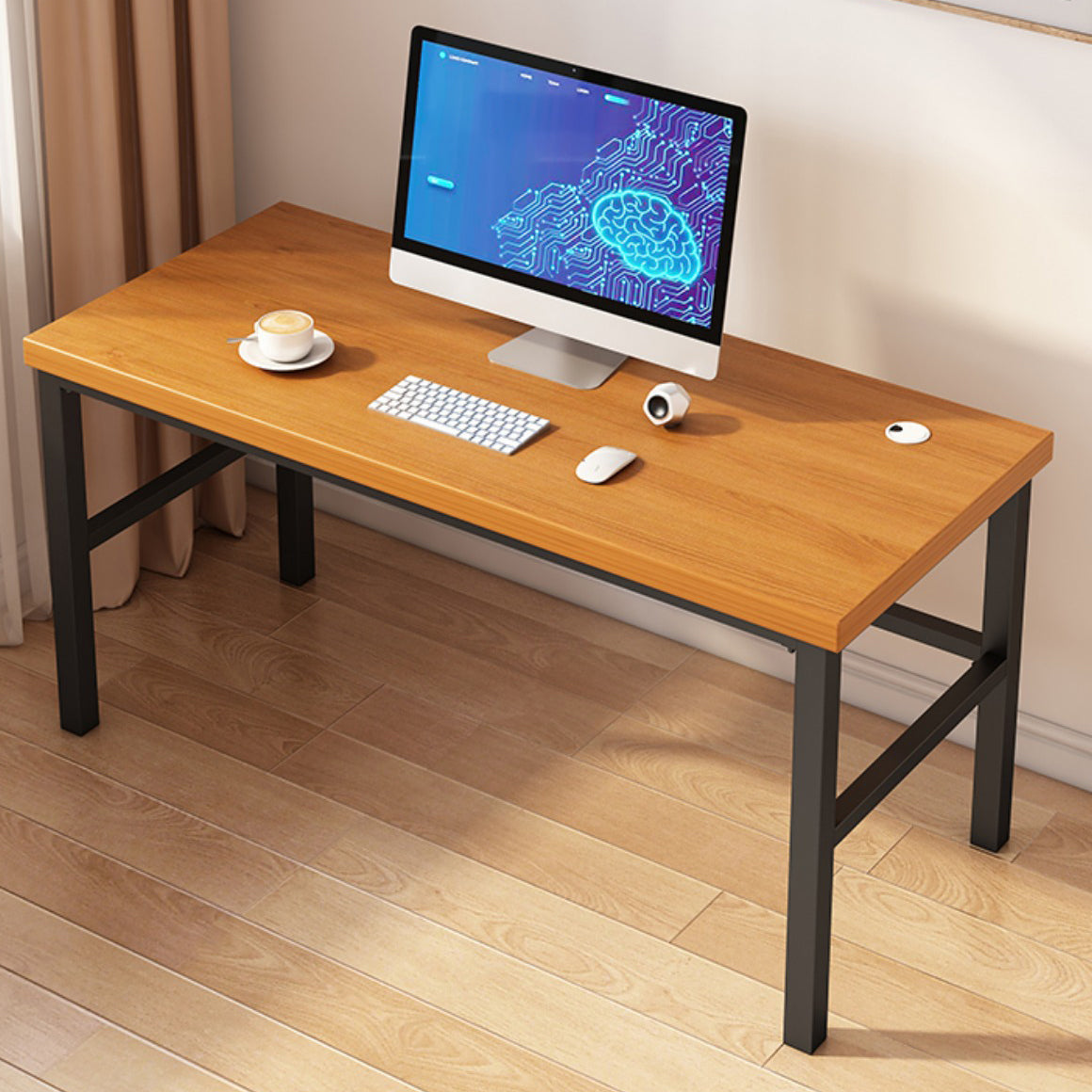 Modern Style Writing Desk Solid Wood Rectangular Office Desk with Metal Base