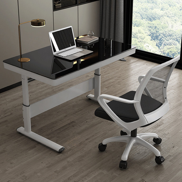 Contemporary Standing Desk Converter White Metal Trestle Base Desk for Office