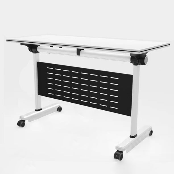 White Folding Writing Desk Manufactured Wood Top Rectangular Desk with Caster Wheels