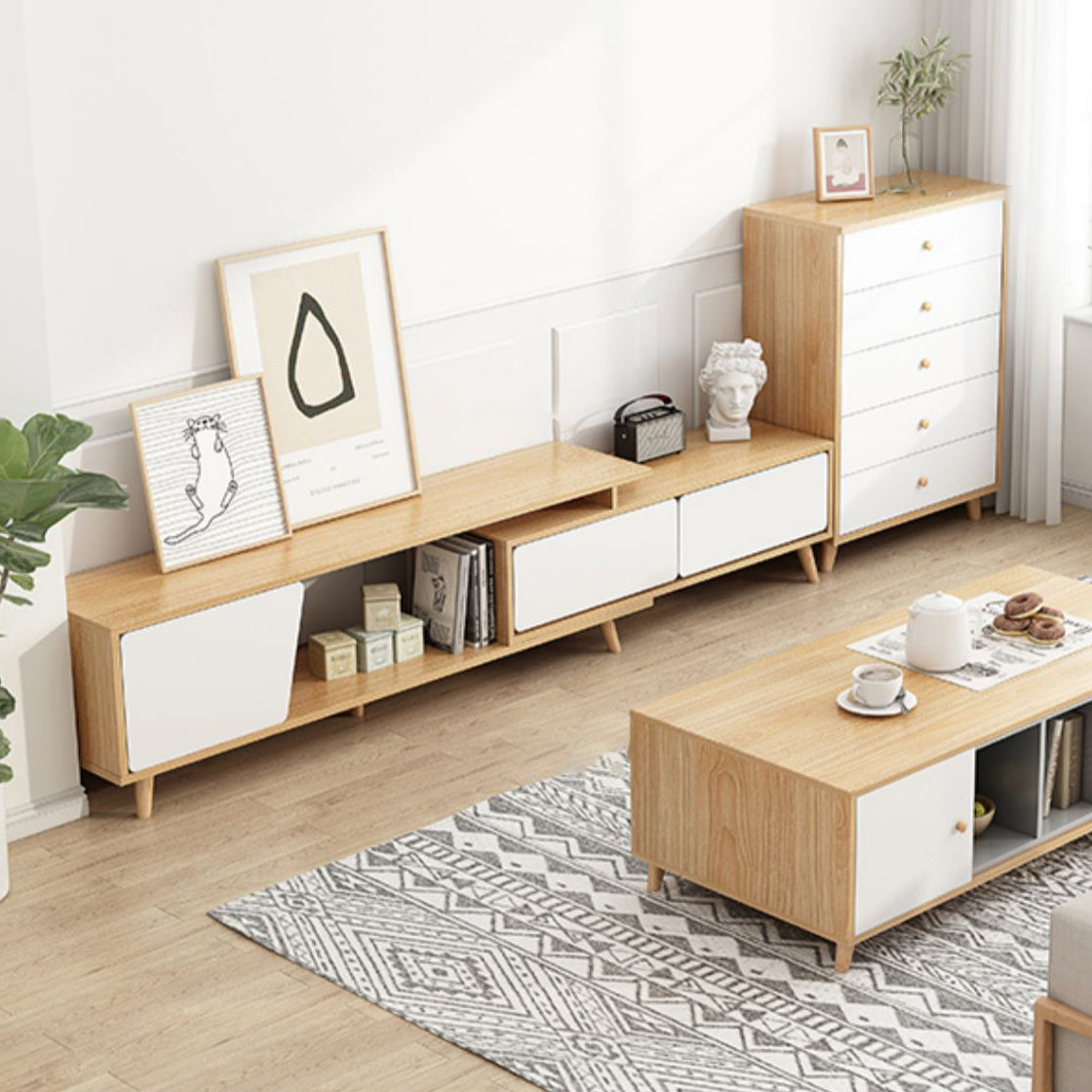 Scandinavian TV Media Stand with Drawers Engineered Wood TV Stand