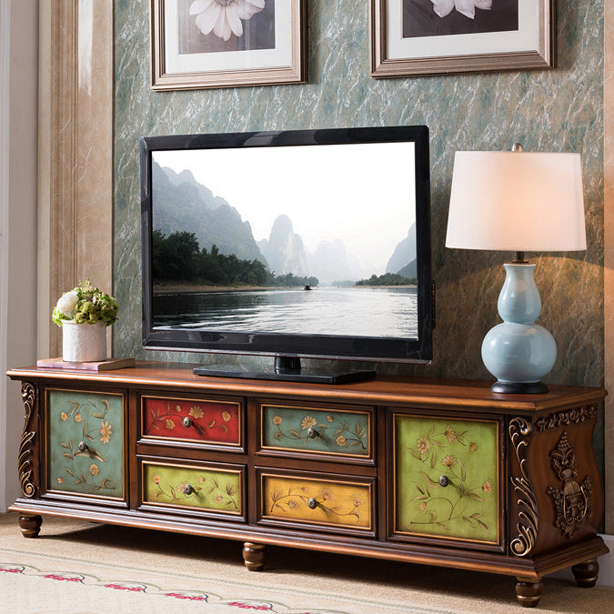 Traditional Rubberwood Media Console Matte Finish TV Media Stand with Drawers