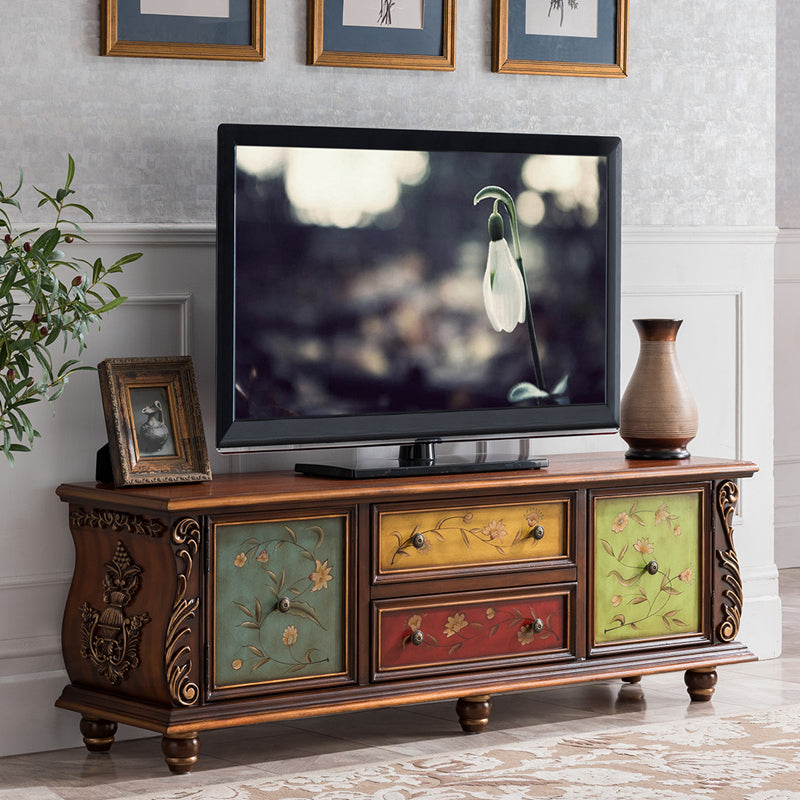 Traditional Rubberwood Media Console Matte Finish TV Media Stand with Drawers