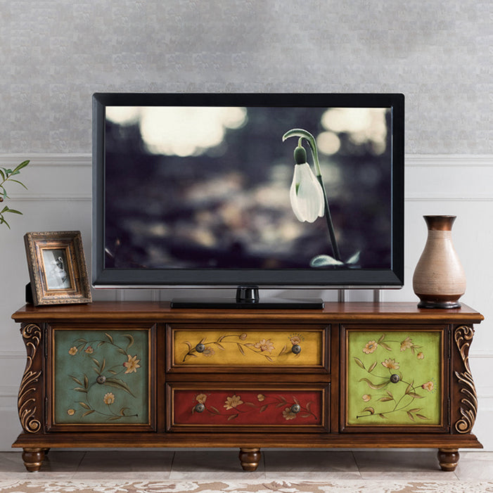 Traditional Rubberwood Media Console Matte Finish TV Media Stand with Drawers